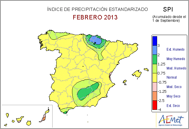 AEMET, febrero de 2013: más frío y húmedo de lo normal en España