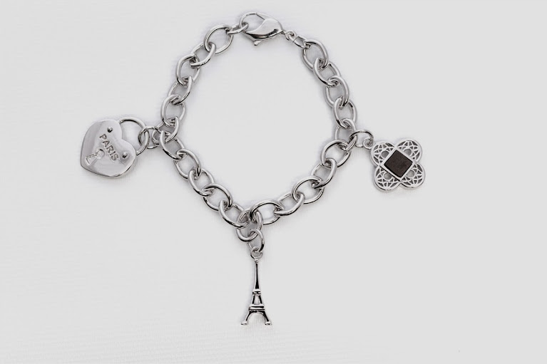 Korbella Eiffel Tower Jewelry: Rhodium "I Love Paris Bracelet"