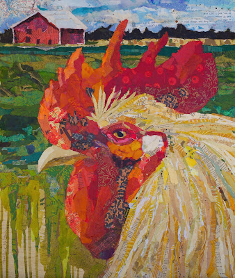 Un Petit Coq. 20x24, collage of hand-painted papers on panel, available