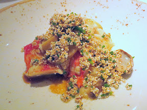 Bluehour Portland, Alaska King Crab starter with porcini mushroom, truffled amaranth, and shellfish emulsion.