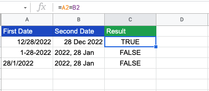 Google sheets compare dates equal
