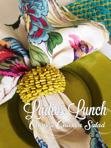 Ladies lunch Chinese chicken salad, lime green, bow tie pasta spinach chicken salad