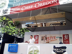 Gabriel Rucker cooking a vegetarian entree dish of bbq glazed celery root with beaujolais from his new cookbook, Le Pigeon: Cooking at the Dirty Bird. Bite of Oregon 2013