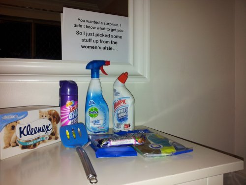 photo of cleaning supplies a guy got as a gift for his wife or girlfriend