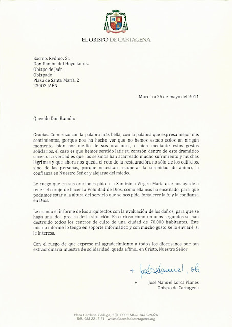 Carta de agradecimiento del Obispo de Cartagena-Murcia al 