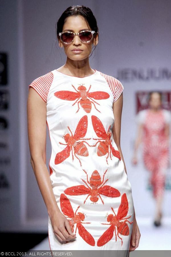 Krishna flaunts a creation by fashion designer Jenjum Gadi on Day 3 of Wills Lifestyle India Fashion Week (WIFW) Spring/Summer 2014, held in Delhi.
