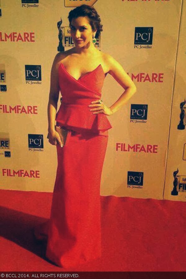 Sophie Choudry looks ravishing in red off shoulder gown at the 59th Idea Filmfare Awards 2013, held at the Yash Raj Studios in Mumbai, on January 24, 2014.