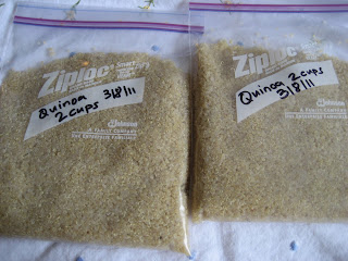 Cooked quinoa in two quart size freezer bags, labeled and dated.