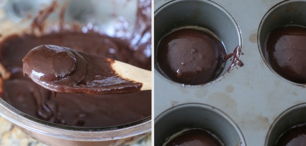 photo collage of the batter in a bowl and in the muffin tin