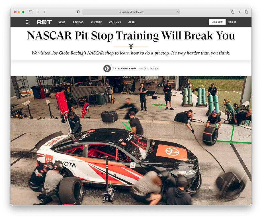 Road and Track article featuring images shot by Greenville photographer Will Crooks while at Joe Gibbs Racing NASCAR shop.