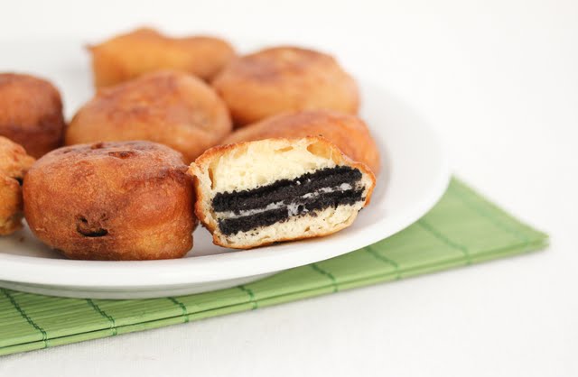 close-up photo of a fried oreo sliced in half