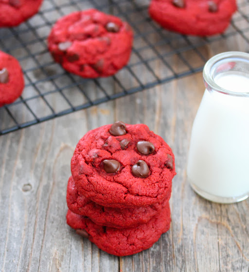 photo of a stack of Red Velvet Chocolate Chip Cookies