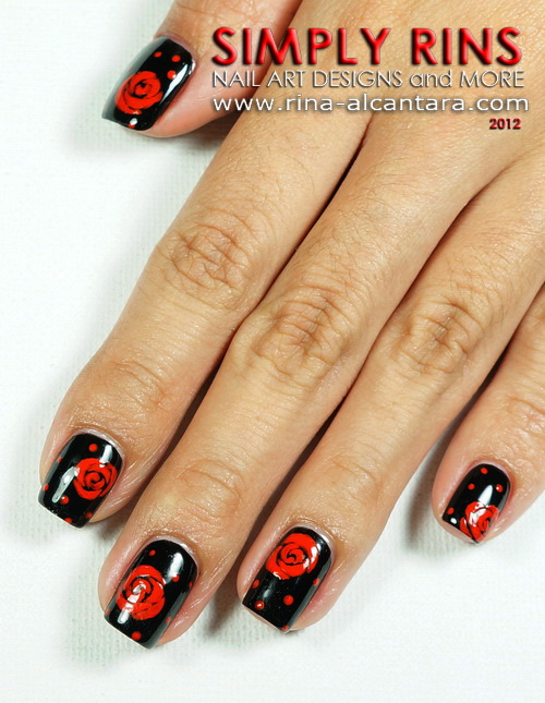 Red Roses on Black Nail Art Design