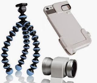 Olloclip Quick-Flip Case & 4-in-1 Lens System Kit (Silver/White) Including Fisheye, Wide Angle, 10x Macro and 15x Macro Lens For the Apple iPhone 5/5s with Mini Flexible Travel Tripod (Sky Blue)