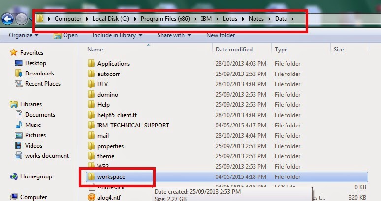 Vị trí thư mục Data\Workspace ở máy tính dùng Windows 7 64bit với Lotus Note 8.5 Standard không cấu hình Multi-users