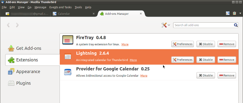 'Lightning'と'Provider for Google Calendar'をインストールします。'FireTray'は関係ありません。