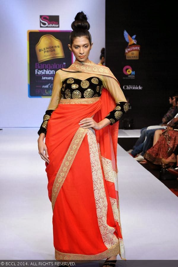 A model showcases a creation by designer Shloka Sudhakar during Blenders Pride Bangalore Fashion Week. 