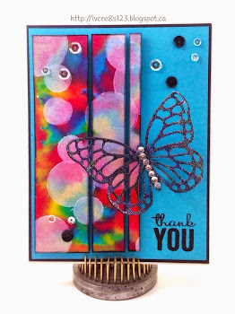 Linda Vich Creates: Butterfly and Broken Bokeh. A bold bokeh background is given a new life by cutting it into strips and adhering it to a card stock background adorned with a glittery butterfly from the Butterfly Thinlits.