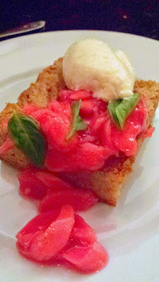 Aviary third course of Brown Butter Cake with whipped ricotta and rhubarb and basil for Portland Dining Month 2015