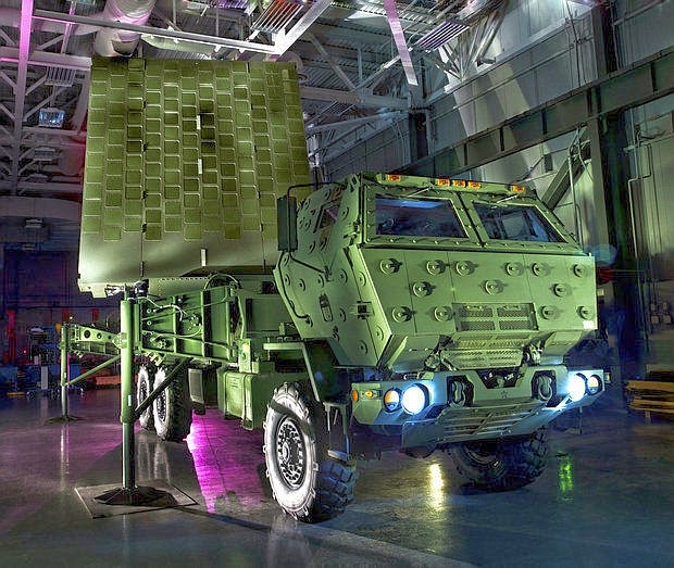 This surveillance radar for the MEADS missile defense system was designed and developed at the Lockheed Martin plant in Salina, NY. Costs were shared by NATO allies the United States, Germany and Italy. The surveillance radar can search 360-degrees for incoming missiles, planes and drones and be hauled around on the back of a truck. (Courtesy Lockheed Martin)