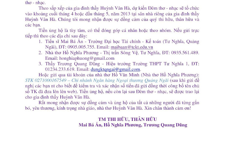 Thầy Hà: Vận động tổ chức Đêm thơ - nhạc “Huỳnh Vân Hà: Viên phấn trắng và Hoa cúc dại” Thungohuynhha20031