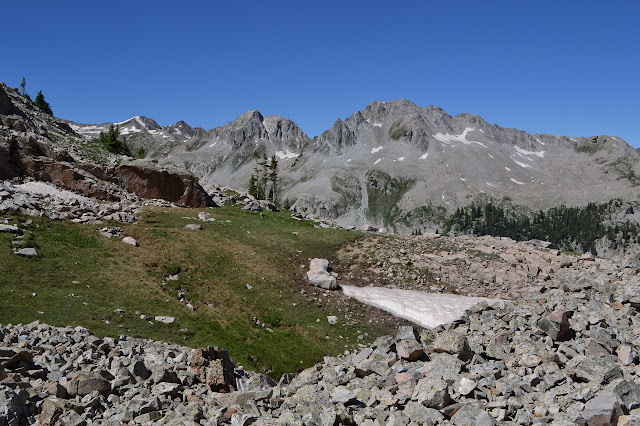 rocks and grass and snow and a couple trees