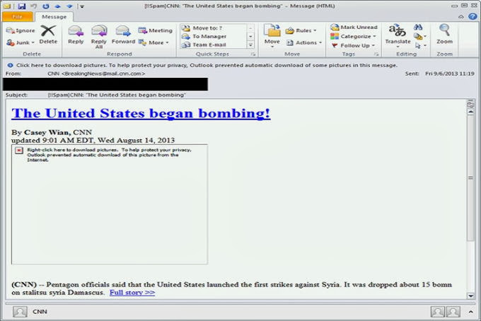 Aparecen correos falsos de la CNN diciendo que Estados Unidos está bombardeando Siria
