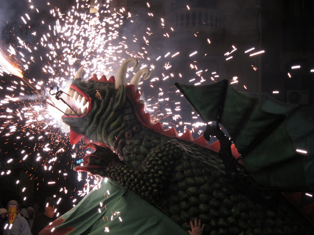 One of the many dragon floats of Correfoc trying to burn us, not something they would every allowed stateside