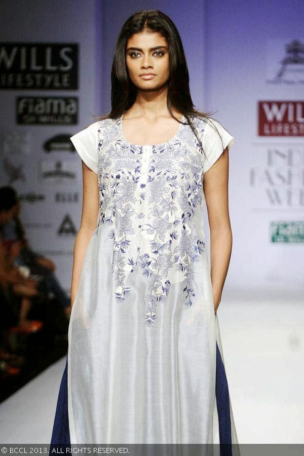 Archana flaunts a creation by fashion designer Pratima Pandey on Day 3 of Wills Lifestyle India Fashion Week (WIFW) Spring/Summer 2014, held in Delhi.
