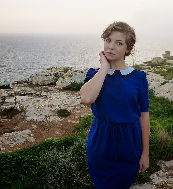 outfit ideas, how to wear a blue dress, dress with claudine collar, sannat cliffs, landscape Malta Gozo