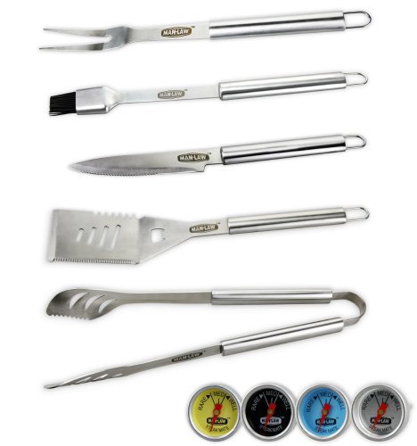 Man Law 5-Piece Stainless Steel BBQ Tools Set with 4 Bonus Steak Thermometers