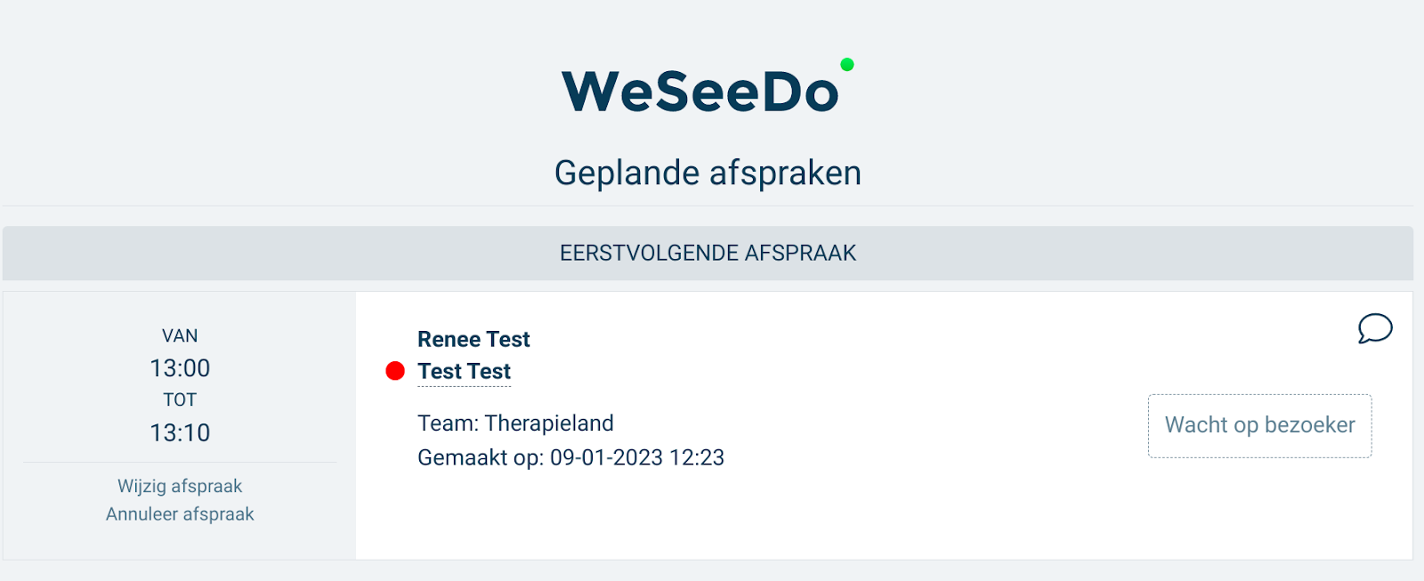 Een schermafbeelding van de beeldbelagenda in het beeldbelportaal. De tijd en datum van de afspraak wordt aangegeven en met wie het gesprek is. Verder zijn er opties om de afspraak te wijzigen of te annuleren.