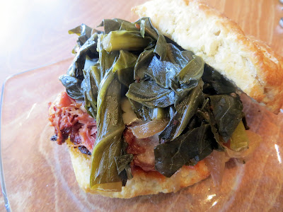 Serious Biscuit crispy hamhock, collard greens with smoked onions biscuit sandwich