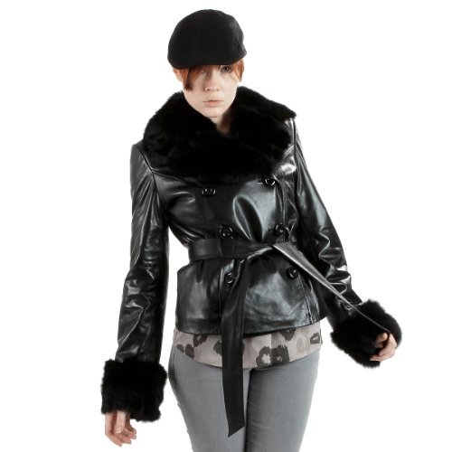 United Face Womens Black Fur Leather Trench Jacket, Black, Small