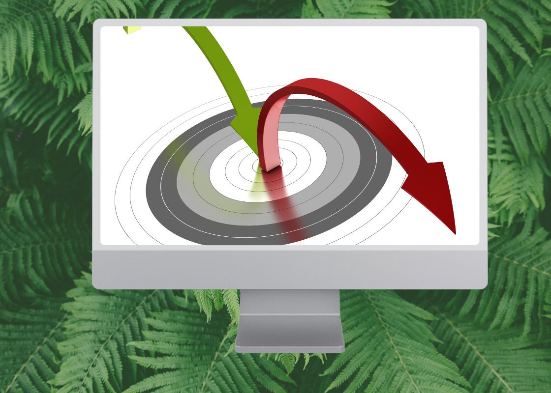 A target is hit by a green arrow and it then bounces off into a red arrow on a computer screen that sits on a background of ferns. 