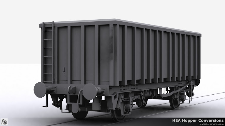 Fastline Simulation - HEA Conversions: An original version of the MEA box wagon converted from an HEA hopper with the end ladder still in place.