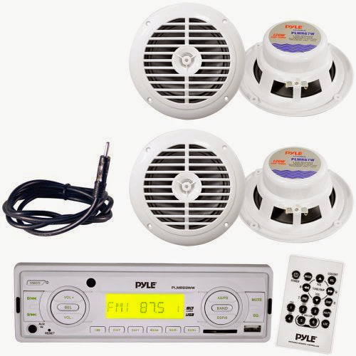  Pyle Marine Radio Receiver, Speaker and Cable Package - PLMR89WW AM/FM-MPX IN-Dash Marine MP3 Player/Weatherband/USB  &  SD, MMC Memory Card Function - 2x PLMR67W 2 Pairs of 6-1/2'' Dual Cone Waterproof Stereo Speaker System - PLMRNT1 22