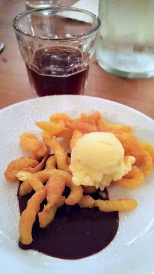 Flight Dessert Bar, Midwestern Roots Menu Course 5 State Fair funnel cakes, milk chocolate-stout ganache, Pabst Blue Ribbon frozen custard. This was paired with hale's ales nut brown ale.