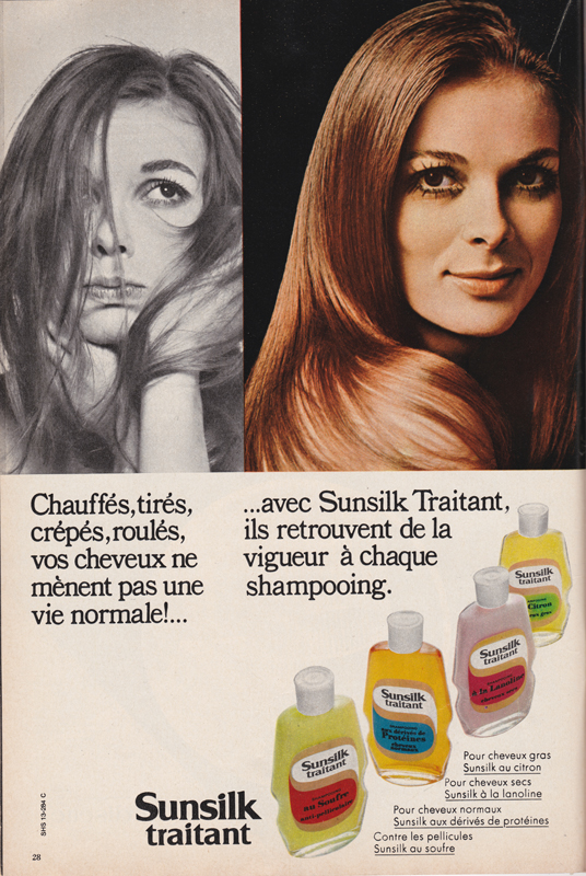 Publicité vintage : Chauffés, tirés, crêpés, roulés, vos cheveux ne mènent pas une vie normale ! Sunsilk traitant - Pour vous Madame, pour vous Monsieur, des publicités, illustrations et rédactionnels choisis avec amour dans des publications des années 50, 60 et 70. Popcards Factory vous offre des divertissements de qualité. Vous pouvez également nous retrouver sur www.popcards.fr et www.filmfix.fr