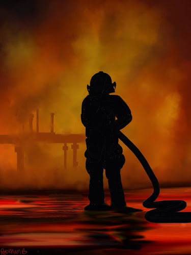 A photo of a lone firefighter doing his job amidst the flame and heat