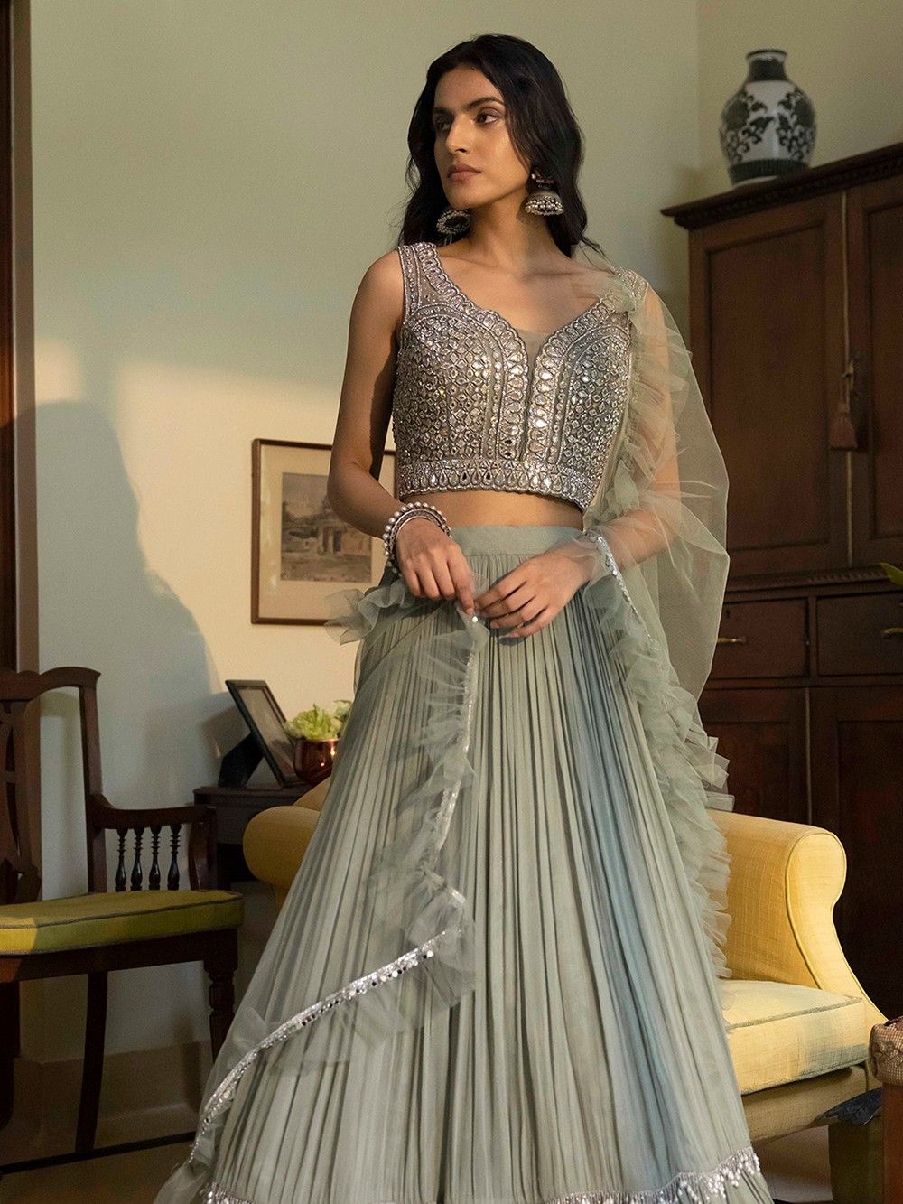the loom - Grey Mirror Work Net Lehenga