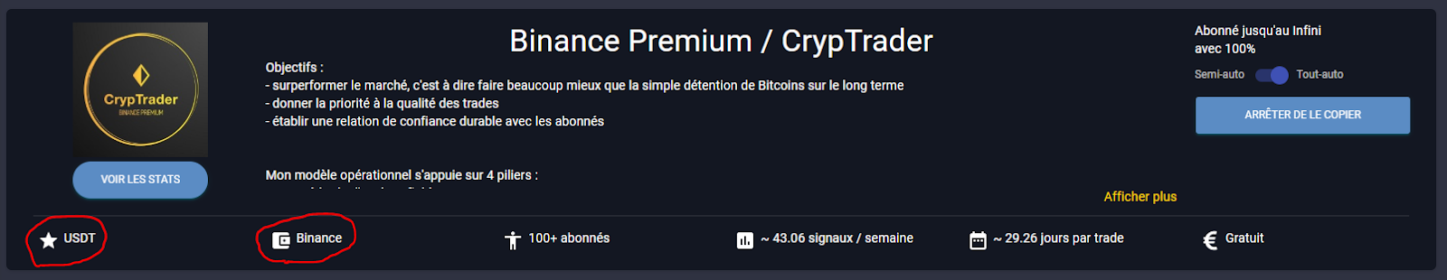 Choix du Trader "Binance Premium / CrypTrader" pour le Copy Trading