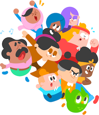 Abbildung der Duolingo-Charaktere, die in einem Knäuel in eine Richtung rennen. Sie sehen aufgeregt und entschlossen aus.