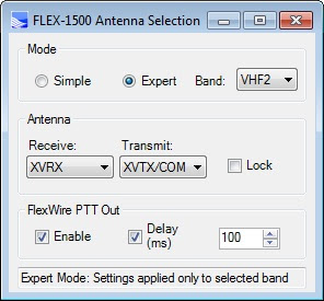 The
                    PowerSDR Antenna Selection Form is set in Expert
                    Mode here for Separate Transmit and Receive RF
                    Connections to the transverter.
