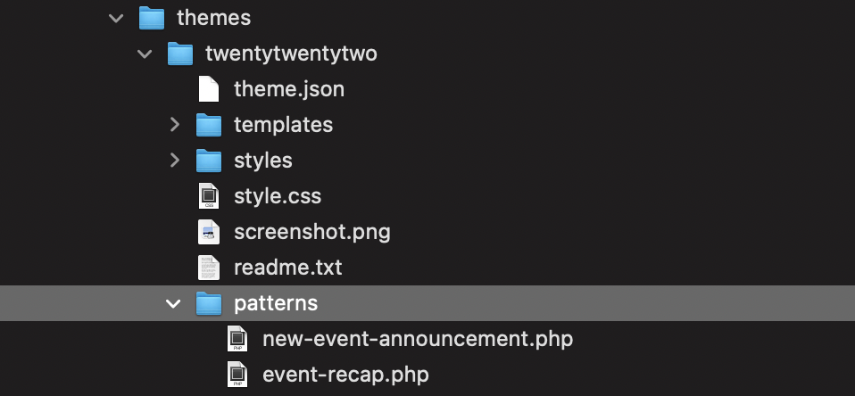 Visual of what the files for your test site should look like with a new patterns folder and two patterns placed within it. 