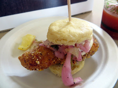 Portland Monthly's Country Brunch 2013, Kevin Atchley, Walt Alexander and Brian Snyder of Pine State Biscuits, whose sample was Ayers Creek cornmeal crusted Carolina catfish mini biscuits with vinegar slaw and sweet pickle remoulade