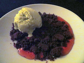 Morgan St Theater: Sundae Bloody Sundae, Tarragon olive oil ice cream, chocolate orange wafer crumble, blood orange gastrique