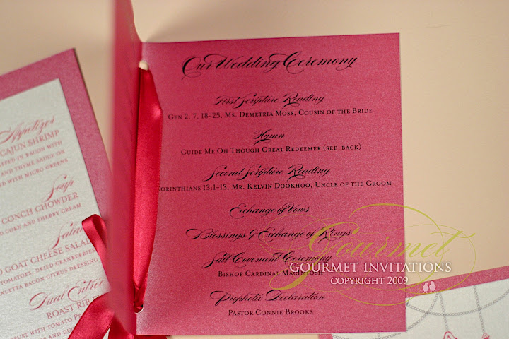 Wedding Program, hot pink wedding program, wedding service with hot pink ribbons, wedding crystals program