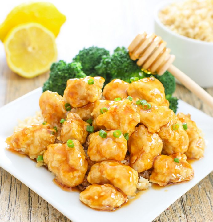 photo of a plate of Baked Crunchy Honey Lemon Chicken