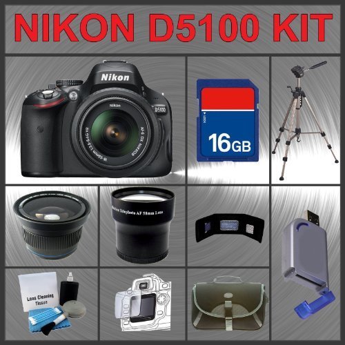 Nikon D5100 SLR Digital 16.2MP Camera with 18-55mm II AF-S DX Lens + Huge Accessories Package Including Wide Angle Macro Lens + Telephoto Lens + 16gb SDHC Memory Card + Hi-Speed SD Card Reader + 53'' Tripod + LCD / Lens Cleaner Kit + Memory Card Wallet + Carrying Case + LCD Screen Protectors + Kit